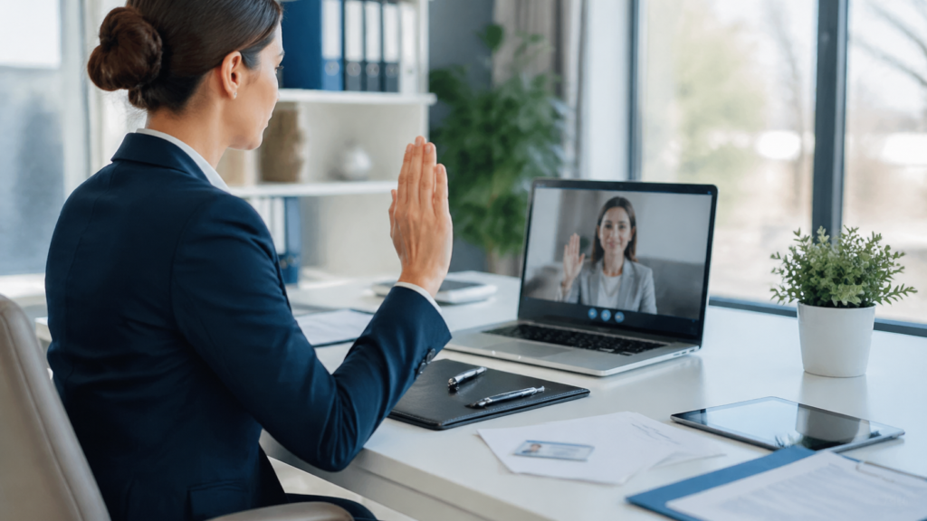 Déclaration sous serment en ligne Quebec avec signature de document et visioconférence professionnelle moderne
