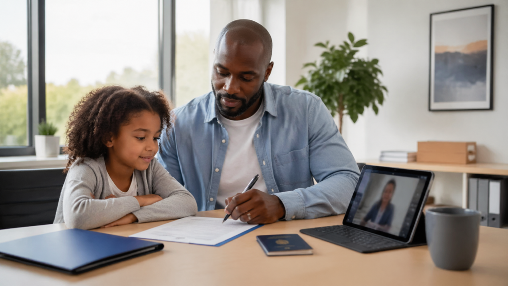 Signature électronique pour autorisation parentale voyage enfant mineur dans un bureau moderne et professionnel