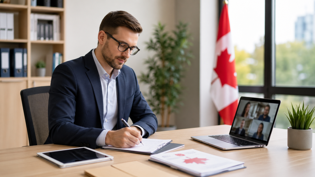 Certificat hebergement immigration Canada signé numériquement avec interface de visioconférence professionnelle