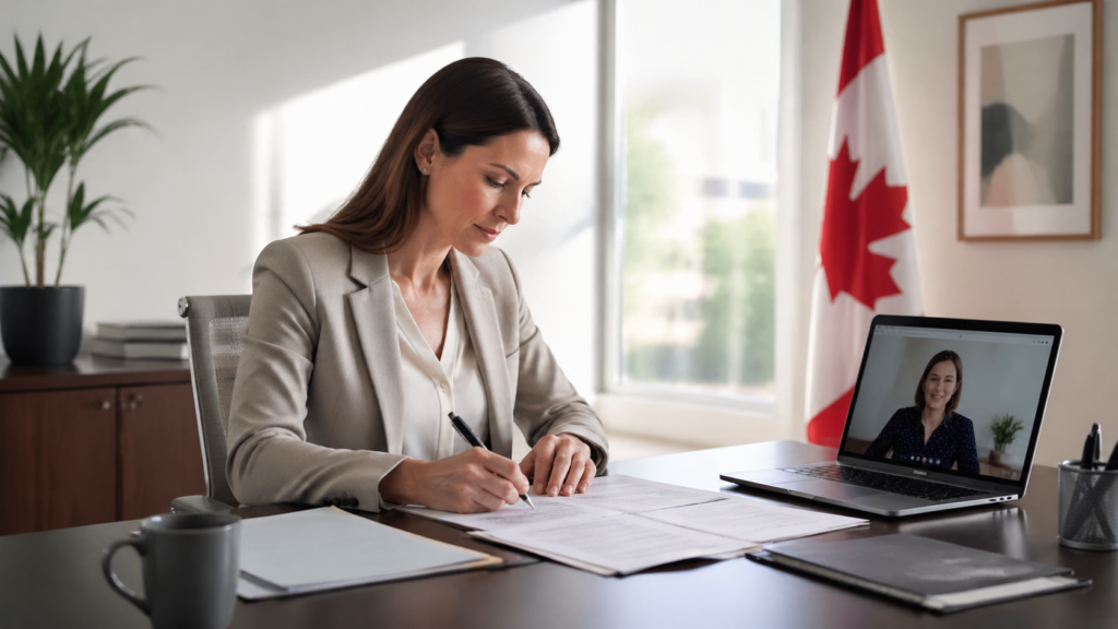 Déclaration assermentée pour assurance signée lors d'une visioconférence professionnelle sécurisée au Québec