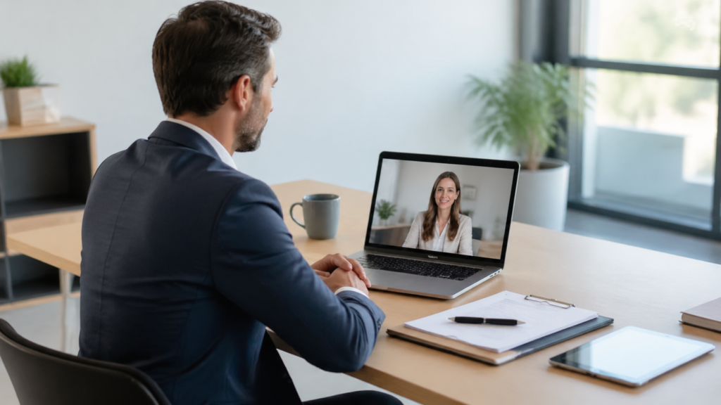 Assermentation à distance par visioconférence dans un bureau moderne et professionnel sécurisant