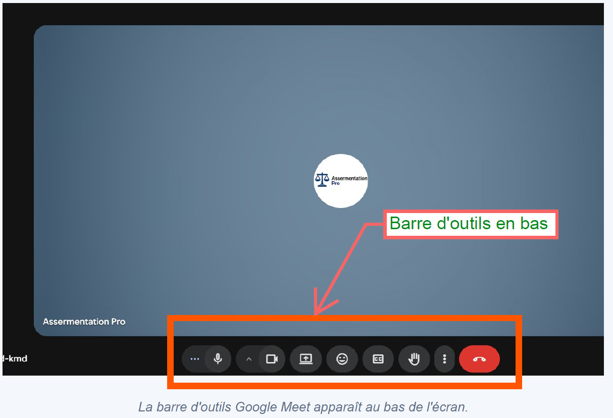Barre d’outils Google Meet au bas de la fenêtre