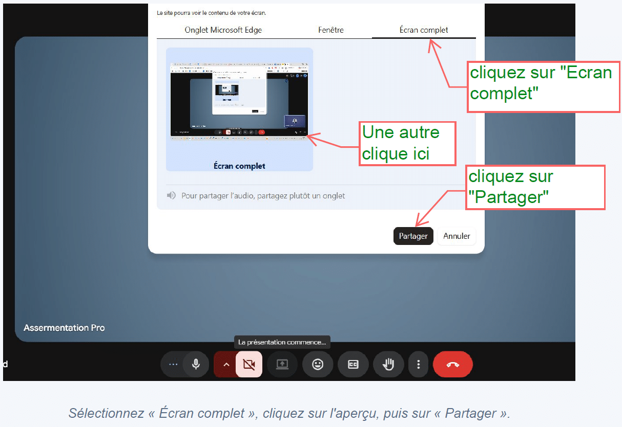 Fenêtre de sélection Écran complet dans Google Meet