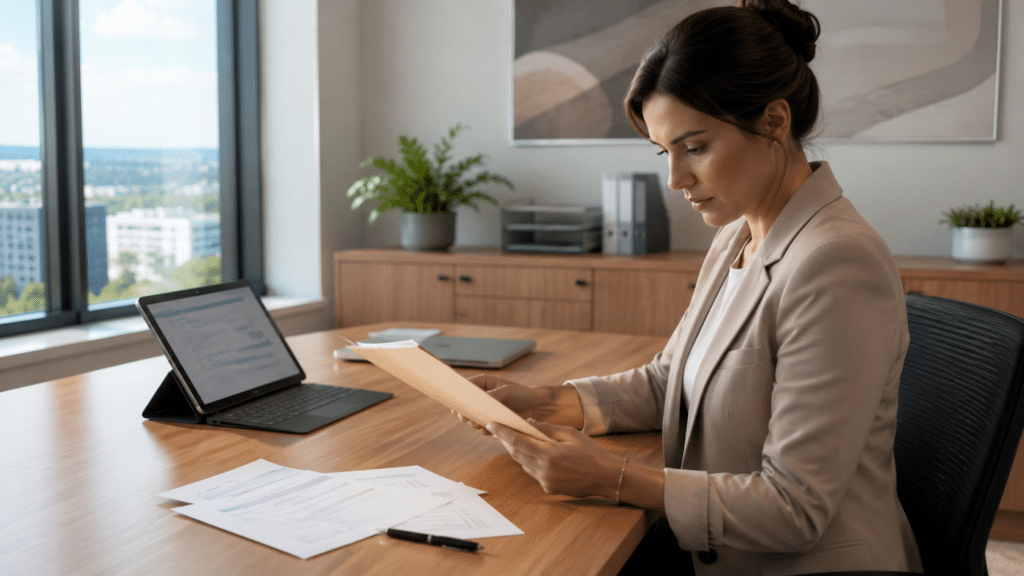 Signature professionnelle d'une déclaration ME-0032-2309 dans un bureau moderne et lumineux