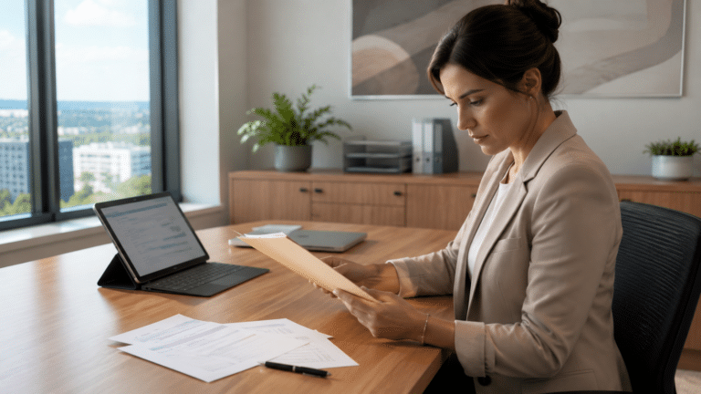 Signature professionnelle d'une déclaration ME-0032-2309 dans un bureau moderne et lumineux