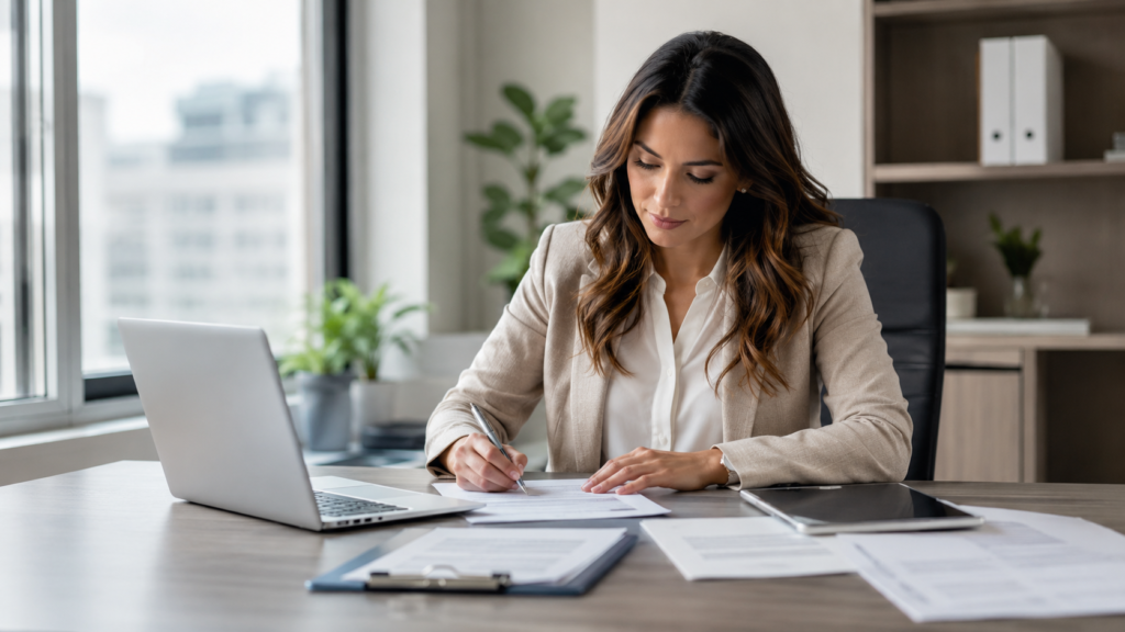 Déclaration de non-remariage signée dans un bureau moderne avec documents canadiens en visioconférence