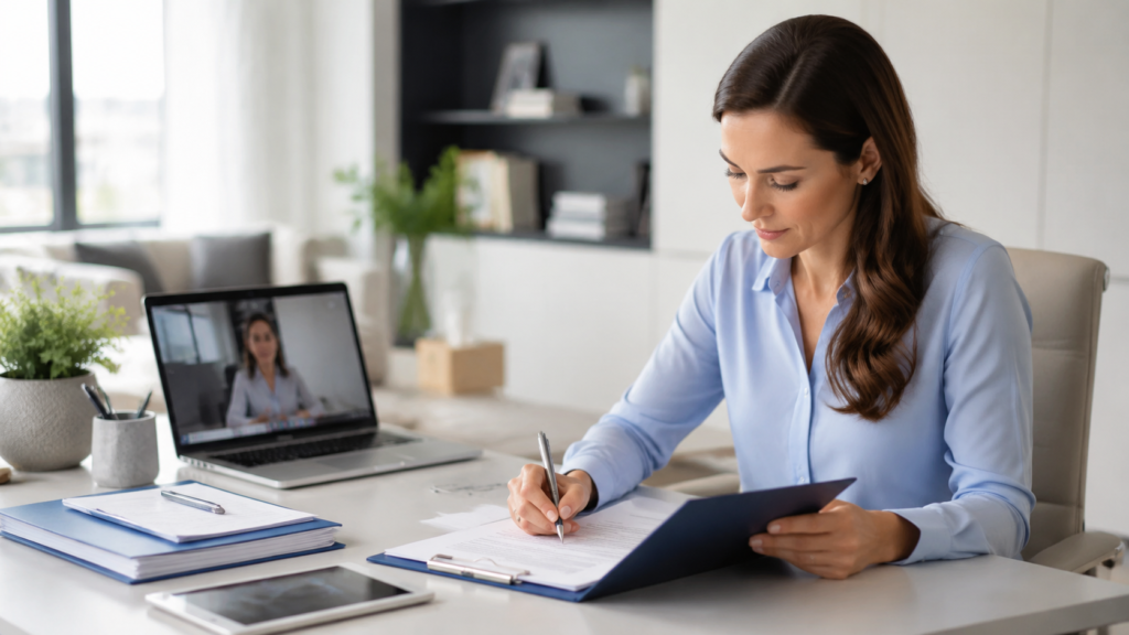 Déclaration changement adresse avec un professionnel signant un document administratif canadien en visioconférence