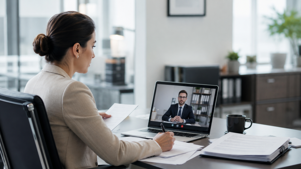 Déclaration copie document lors d'une visioconférence professionnelle au bureau moderne au Québec
