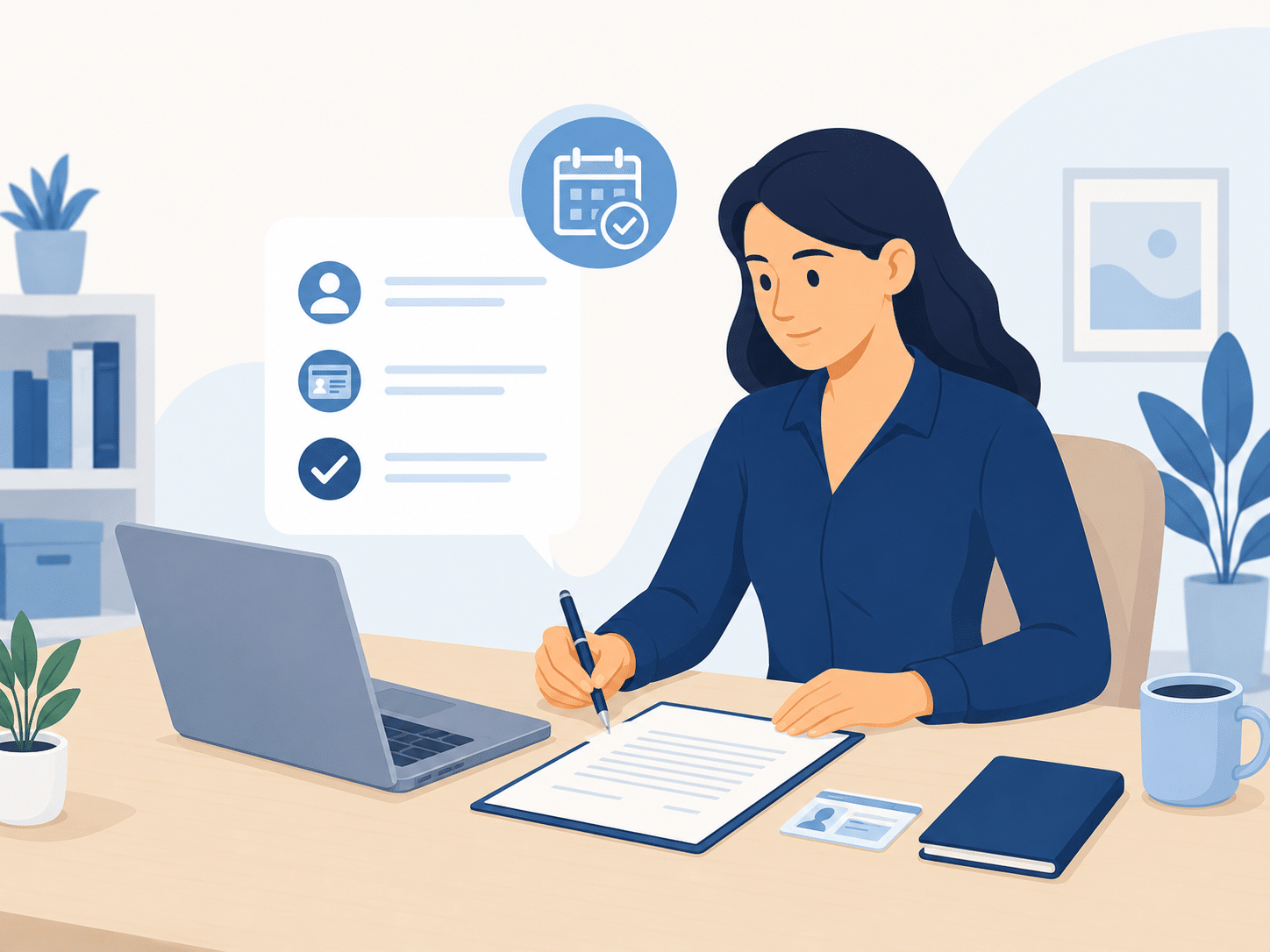 Cliente préparant ses documents et sa pièce d’identité avant un rendez-vous d’assermentation en ligne.
