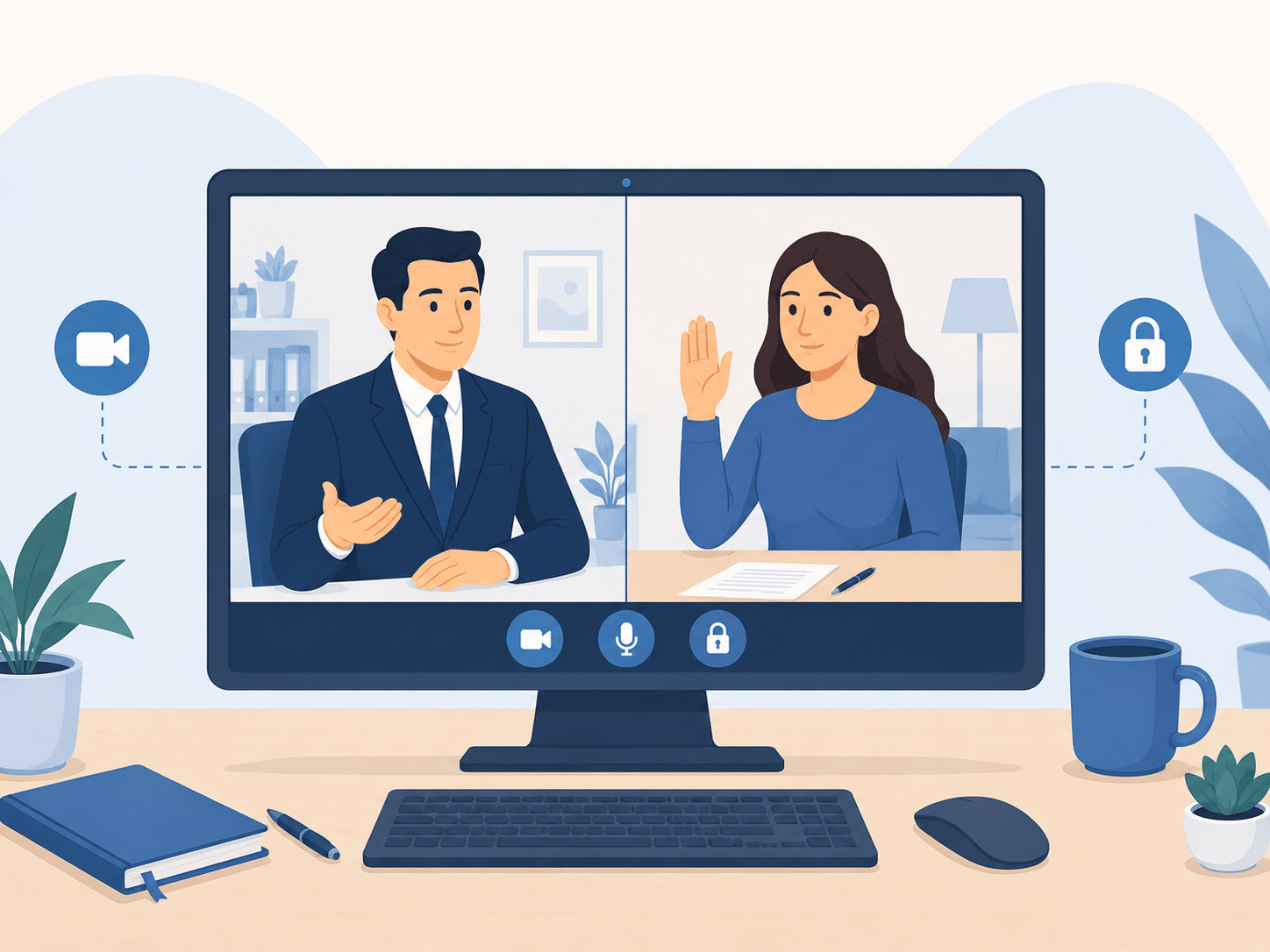 Cliente prêtant serment pendant une séance d’assermentation à distance par vidéoconférence.