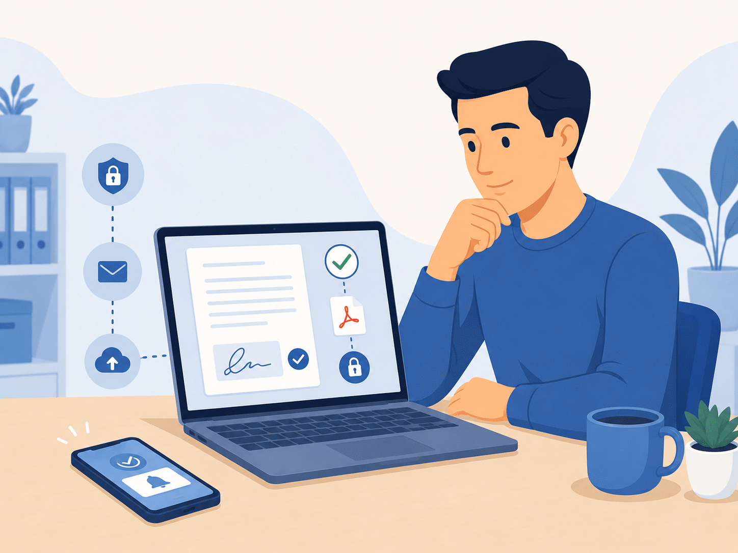 Client consultant un document signé et transmis en format PDF après une séance d’assermentation en ligne.