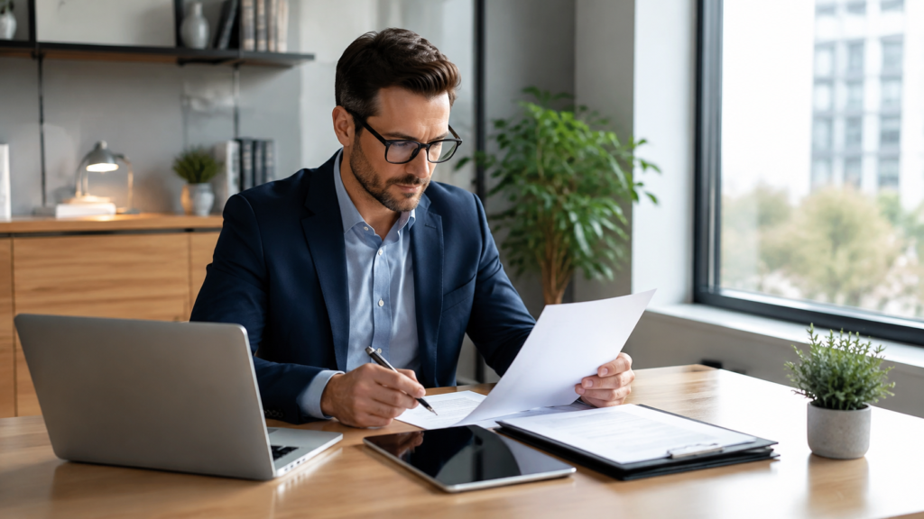 Déclaration absence de revenus remplie et signée sur un bureau moderne propre