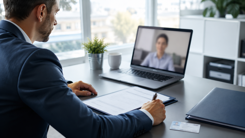 Déclaration revenus sous serment avec signature professionnelle dans un bureau moderne et propre au Québec