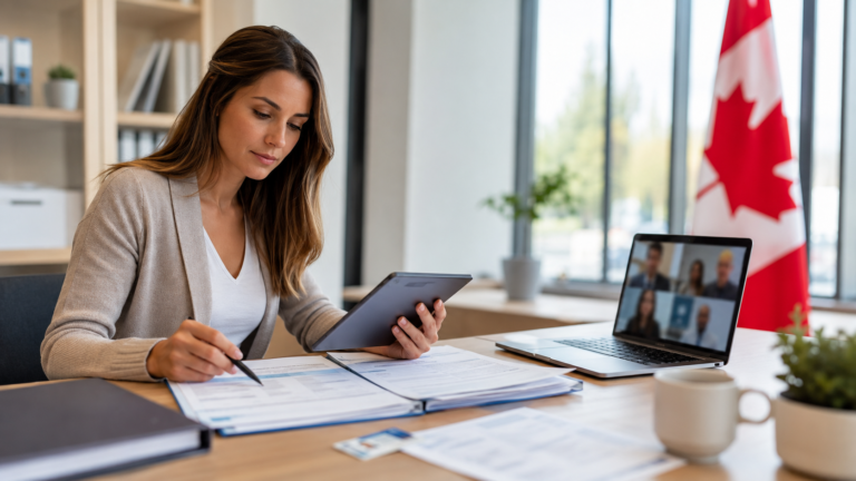 Déclaration garde enfant signée lors d'une visioconférence dans un bureau moderne et professionnel