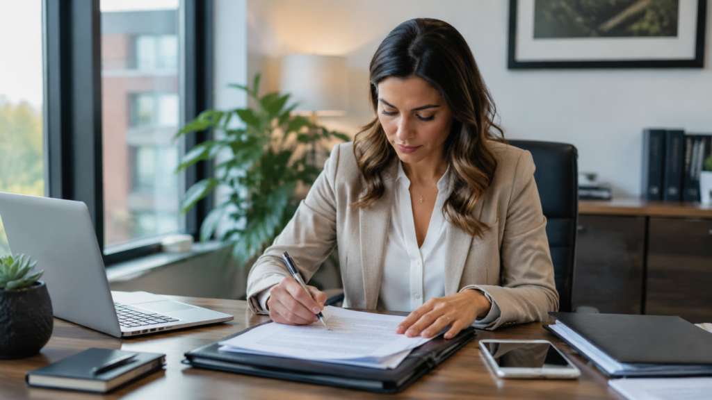 Signature électronique pour déclaration résidence sous serment dans un bureau moderne au Québec