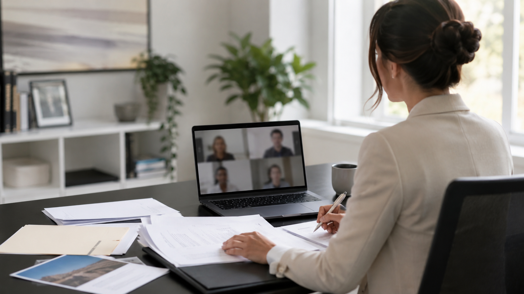 Personne en visioconférence dans un contexte administratif lié au domicile