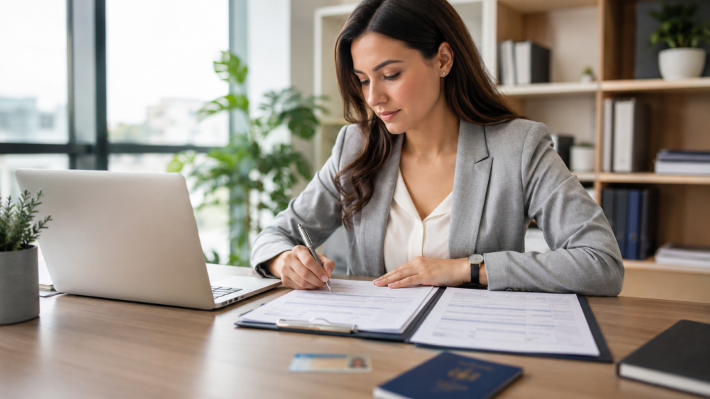 Déclaration garant passeport sur document signé dans un bureau propre et moderne
