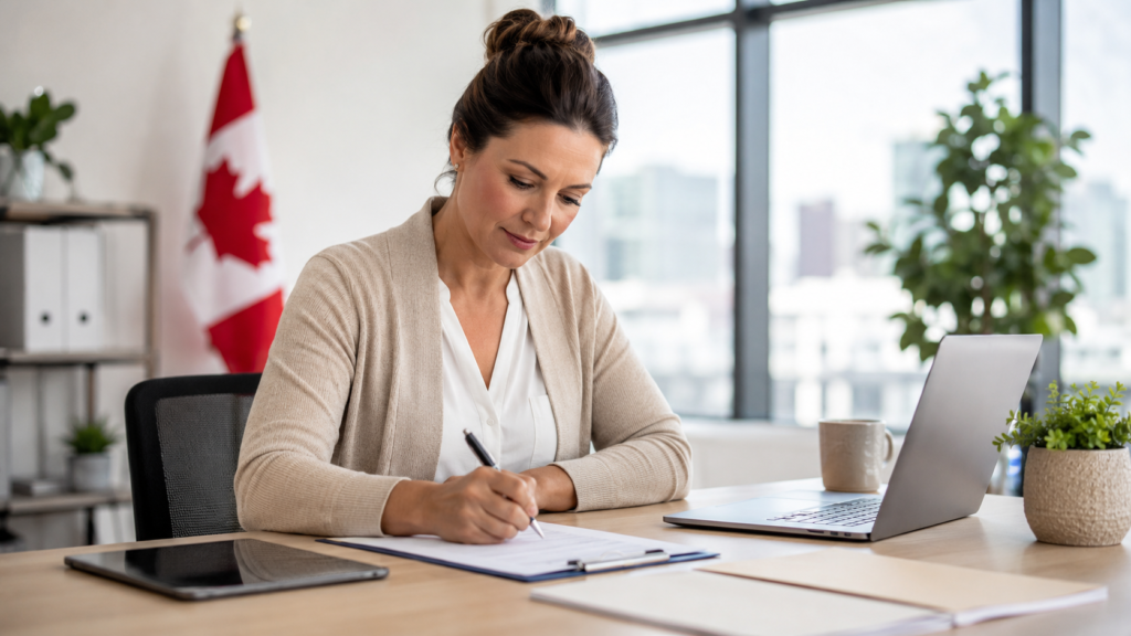 Signature de la déclaration parent non accompagnateur immigration dans un bureau moderne et professionnel