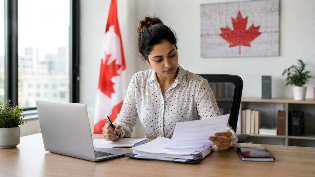 Signature professionnelle d'une déclaration statut immigration sur documents canadiens officiels en bureau moderne