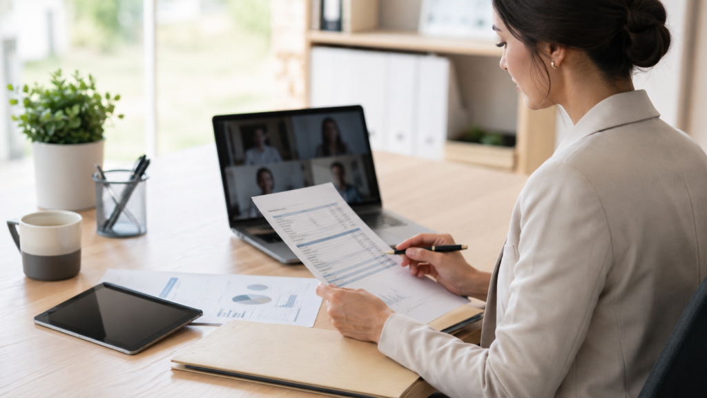 Signature professionnelle pour déclaration compte bancaire dans un bureau moderne et propre au Québec