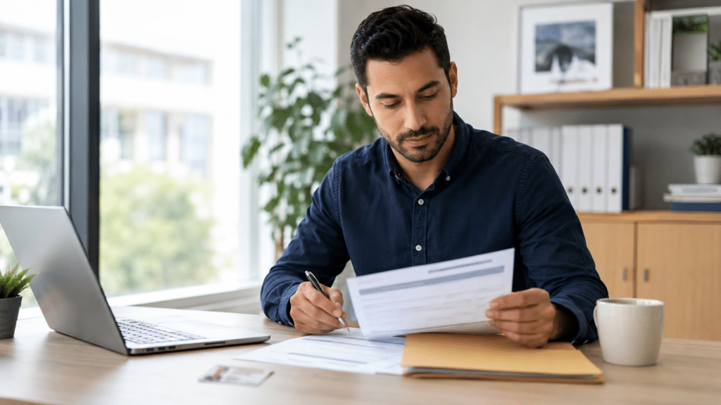Déclaration résidence études en ligne avec signature numérique dans un bureau propre et moderne