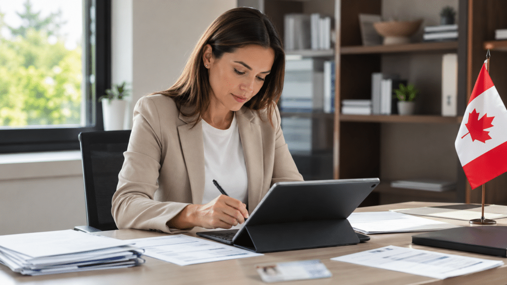 Déclaration compétences professionnelles réalisée via signature numérique sur documents administratifs canadiens