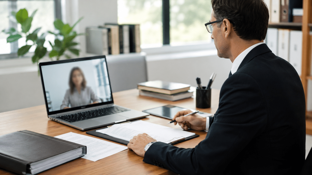 Signature de document pour déclaration OPQ en visioconférence professionnelle dans un bureau moderne