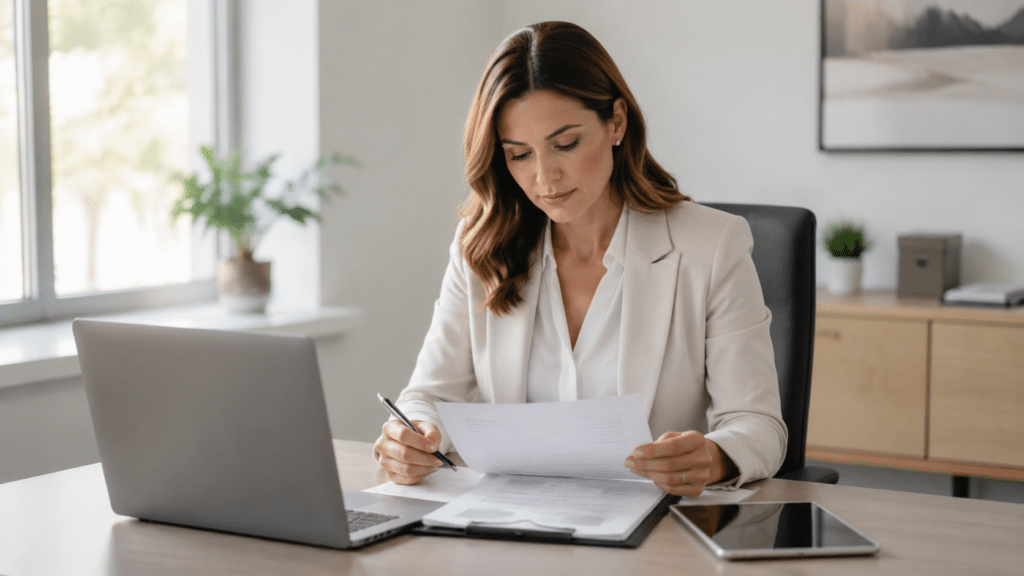 Signature électronique pour une déclaration absence faillite avec documents et bureau professionnel moderne