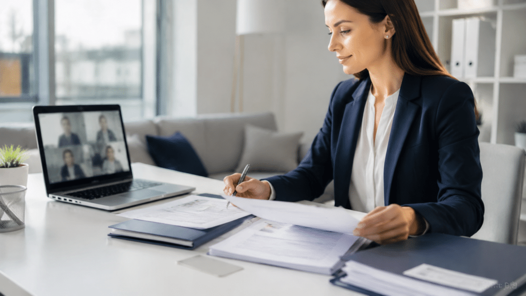 Déclaration document étranger signée lors d'une visioconférence dans un bureau propre et moderne